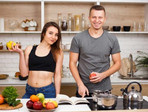 young couple preparing healthy meal at home